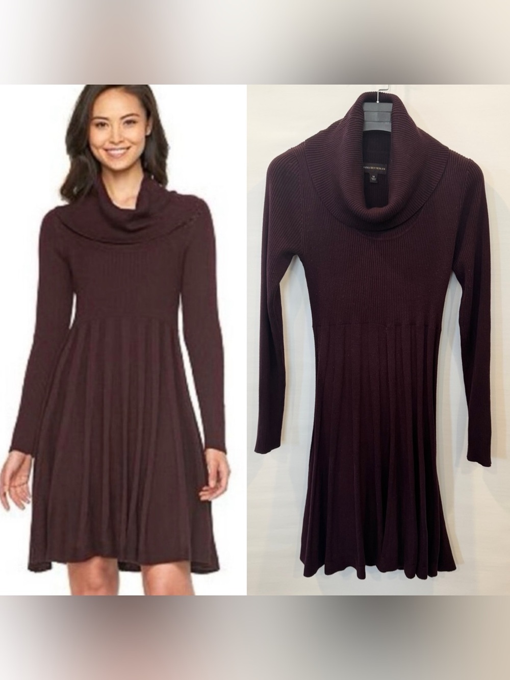 Dana Buchman Cowl Neck Turtleneck Deep Plum Long Sleeve Knit Sweater Dress M